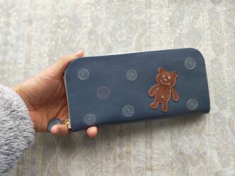刺繍革財布『SHABON＆bear』ashBLUE（牛革）ラウンドファスナー☆スリムタイプ☆の画像