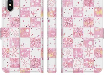 雪の結晶 チェック柄 ピンク iPhone 手帳型 スマホケース 携帯ケース 送料無料の画像