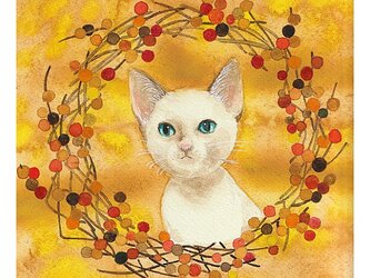 水彩画・原画「木の実のリーフと子猫」の画像