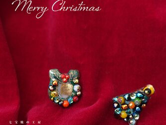 クリスマスツリー＆リースの七宝焼ピアス【受注制作】の画像