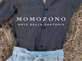 ノーカラーシャツ、モノトーン(白黒)チェック着物リメイク、ソフトリネン(麻) MOMOZONO originalの画像