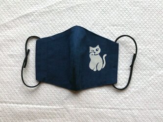 天然藍の型染めリバーシブルマスク  ワンポイント 猫の画像