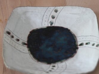 陶器 織部+粉引丸模様角皿（大） S121の画像