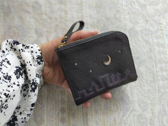 刺繍革財布『街』牛革☆BLACK☆（二つ折り財布）の画像
