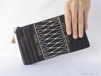 【受注制作】刺繍が美しい  大人な女性のミニクラッチ　フランス製生地　ポーチ　長財布　 通帳入れの画像