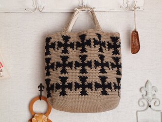 WOOL!十字柄のオーバルトート*黒×GBの画像