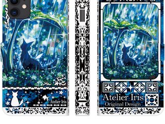 【じっと雨宿り】猫 油絵 iPhone 手帳型 スマホケース 携帯ケース 送料無料 青テクスチャーの画像