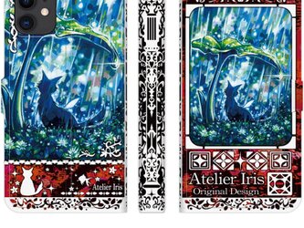 【じっと雨宿り】猫 油絵 iPhone 手帳型 スマホケース 携帯ケース 送料無料 赤テクスチャーの画像
