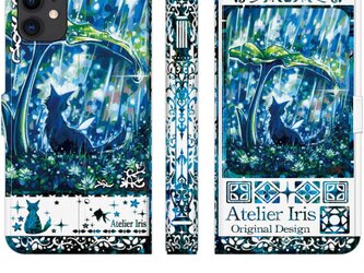 【じっと雨宿り】猫 油絵 iPhone 手帳型 スマホケース 携帯ケース 送料無料 白地ブルーの画像