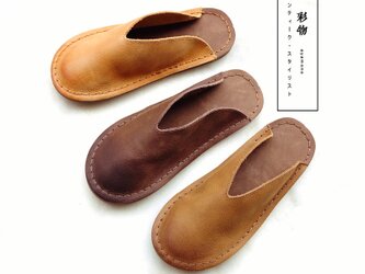 【受注製作】ぺたんこ型パンプスサンダル　手製裁縫牛革レザー靴　3色展開　WYE382の画像