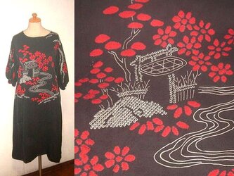 sold Out着物リメイク♪梅の花＆お家模様が素敵な絞りチュニックワンピース♪ハンドメイド♪♪綸子・正絹・絞り・ボートネックの画像