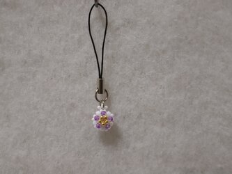 ビーズ玉ストラップ花柄（紫花）sk14の画像