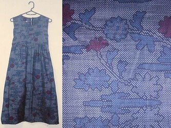Sold Out着物リメイク♪タンポポが可愛い大島紬チュニックワンピース♪ハンドメイド♪正絹・大島紬・藍色・タンポポの画像