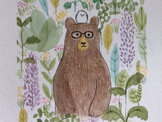 春爛漫クマとシマエナガ♪原画　水彩　色鉛筆　玄関や子供部屋　新築祝い　プレゼントの画像