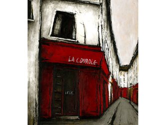 風景画　パリ　油絵「街角の赤いカフェ」の画像