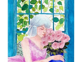 水彩画・原画「窓辺の少女と薔薇の花」の画像