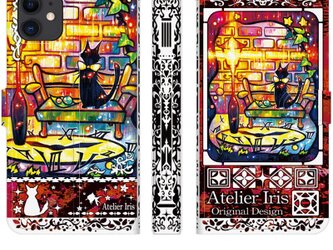【君を待つ夜】猫 油絵 iPhone 手帳型 スマホケース 携帯ケース 送料無料 赤テクスチャーの画像