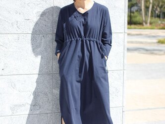 チャイナボタンリネンコットンワンピース【ネイビー】の画像