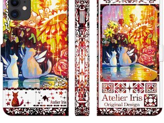 【花の咲く頃】猫 油絵 iPhone 手帳型 スマホケース 携帯ケース 送料無料 白地レッドの画像