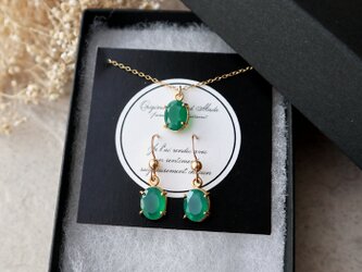 【14kgf】宝石質グリーンオニキスのピアス＆ネックレスセット(オーバルファセットカット)の画像
