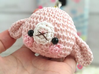 【受注生産】淡ピンク色ロップイヤー うさぎお顔（大）鈴付きイヤホンジャックストラップの画像