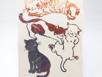 ギルディング和紙葉書　5匹の猫　赤混合の画像