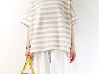 太ボーダーコットンリネン ゆったり落ち感Tシャツ　ベージュの画像