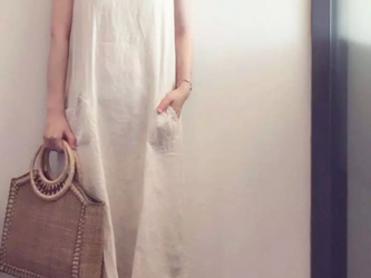 ベージュ ベストスカート リネンクルーネックドレス ストラップドレス レディース ワンピースの画像