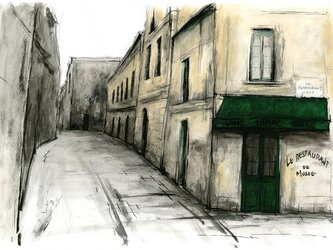 風景画 パリ 版画「路地裏のレストラン」の画像