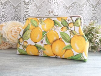 ◆【再販3】たわわなレモンのがま口ポーチ*柑橘黄色フルーツ柄食べ物果物の画像