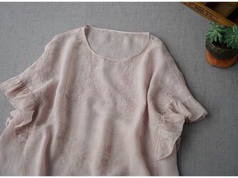 ★SALE★リネン100%アンティーク風刺繡、袖フリル付き大人可愛いトップス♪【ピンク】の画像
