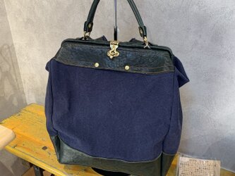 『受注製作品』A4が入る　HOPEリュック  帆布ネイビー× 馬革　グリーンの画像