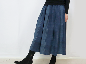 再3☆手織り綿絣ロングスカート、インディゴチェック、オールシーズンの画像