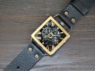 メカニックブラックスクエアAT　真鍮　ブラック 手作り腕時計の画像