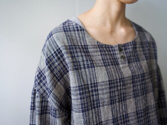 cotton linen check/pullover shirt/navyの画像