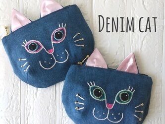 【デニム】おすまし猫お洒落ポーチ ブルーとピンクの画像