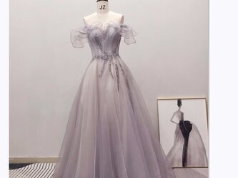 上品！ パーティードレス グレー Aライン オフショルダー 編み上げ 細見えシルエットの画像
