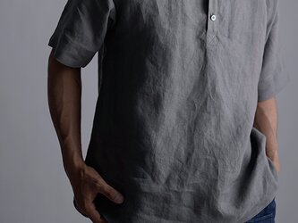 【Sサイズ】【wafu】自分用に3枚いきます。半袖リネンスタンドカラーシャツ 男女兼用/鈍色(にびいろ)  t038k-nib1の画像
