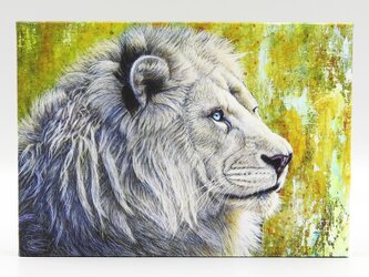絵画パネル 「白き王者」ホワイトライオン A5サイズ 全面ニス塗装の画像