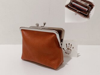 イタリアンレザー親子がま口財布◆角12cm ブラウン　マチあり　シルバーの画像