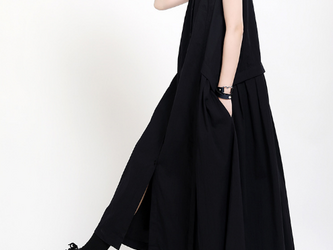 夏の新作女性デザインセンスフェイクツーピースベストスカート、スリム＆スリムクメールリネンロングノースリーブワンピースの画像