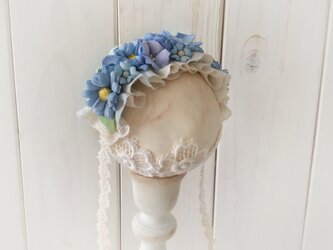ドール用レースと染め花のヘッドドレス（M・デイジー・ブルー）の画像