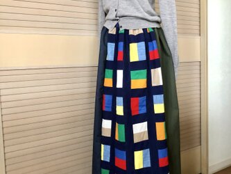 送料込・パッチワーク3色切替タックギャザーロングスカート・ウエストゴムの画像