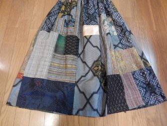着物リメイク☆秋に着てほしい！渋い紬でレトロポップなパッチスカート80cm丈の画像