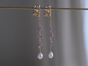 Glaður perla earring：淡水パール×ブルーサファイア×ルビー　ロングチェーン天然石ピアス・イヤリングの画像