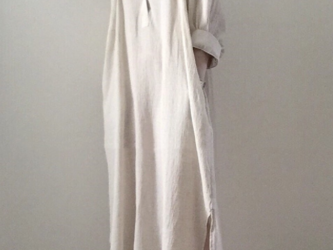 【送料無料♪】綿とリネンランタンスリーブドレス  Vネックゆったりスカート カジュアルの画像