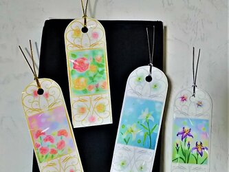 ４つの花 パステルアートの栞(しおり) 　４枚セット　パステル画の花の連作の画像