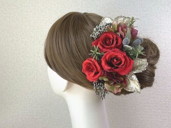赤い薔薇とオリーブのヘッドドレス（13本セット）　アーティフィシャルフラワー　赤　バラ　結婚式　発表会　髪飾りの画像