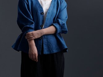 【wafu プレミアム】Linen Basque jacket  艶バスク・ジャケット/オーシャン h005e-ocn3の画像
