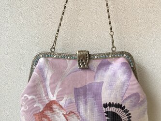 かぶせ口金バッグ・アールデコ　 ピンク花柄×ブルーレース　帯地の画像